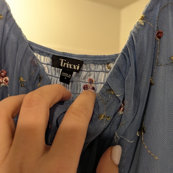 Francesca's Dress Mini w embroidery and mesh lined size L thin straps baby blue - Picture 5 of 6